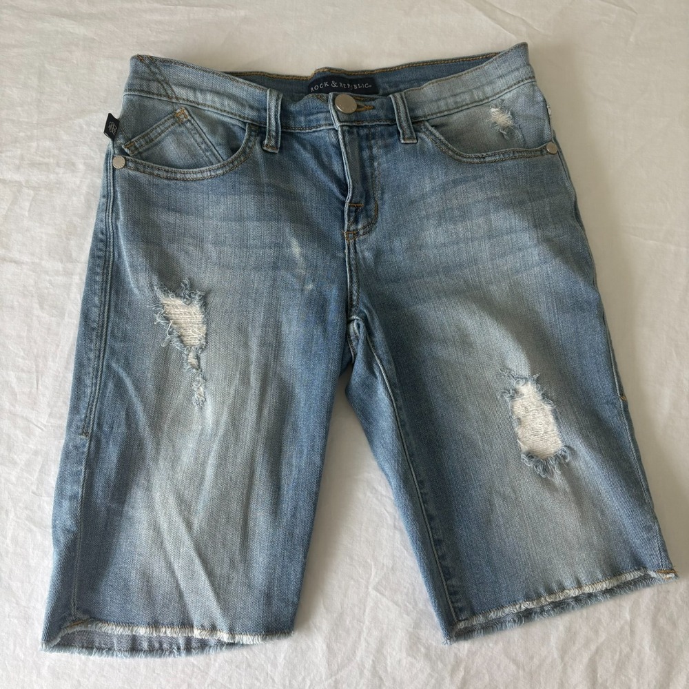 Rock & Republic Womens Blue Distressed Coachella Bermuda Shorts Jorts Size 6